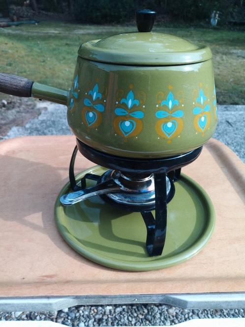 Vintage fondueset, jaren '70, geëmailleerd, groen, Witgoed en Apparatuur, Fonduesets, Gebruikt, Brander, Ophalen of Verzenden