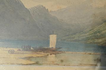 Aquarel berglandschap met een zeilscheepje. Aziatisch? beschikbaar voor biedingen