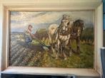 Olieverfschilderij: Boerin met paarden op akker, Antiek en Kunst, Ophalen of Verzenden