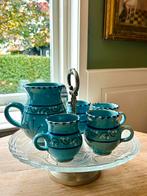 Turqoise aardewerken kan met 4 bekers, Ophalen of Verzenden, Zo goed als nieuw, Overige stijlen, Kop(pen) en/of Schotel(s)