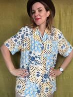 Vintage blouse - geel/blauw - print - jaren 80/90 -L/40, Maat 38/40 (M), Geel, Ophalen of Verzenden, Vintage