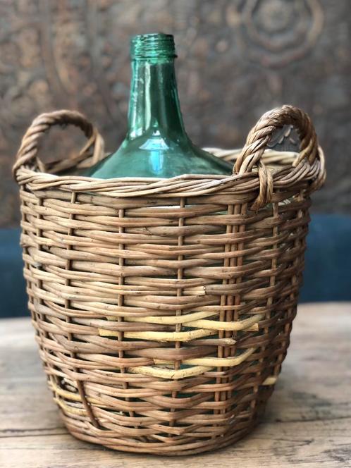 Groene gistfles in originele mand franse wijnkruik, Antiek en Kunst, Curiosa en Brocante, Ophalen of Verzenden