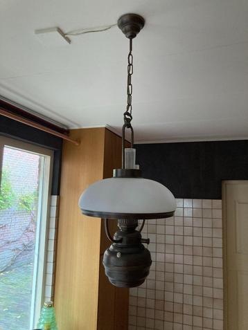 Antiek cottage koper brons glazen olielamp met dimmer  beschikbaar voor biedingen