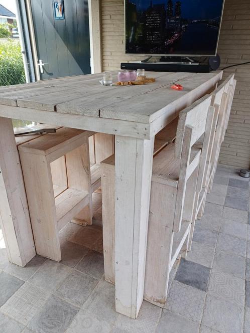 Mooie handgemaakte houten bar met krukken, Tuin en Terras, Tuinsets en Loungesets, Gebruikt, Hout, 8 zitplaatsen, Stoel, Ophalen