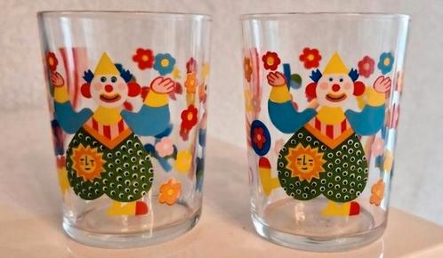Twee Glazen Reims Clown/ Vogel, Verzamelen, Glas en Borrelglaasjes, Zo goed als nieuw, Frisdrankglas, Ophalen of Verzenden