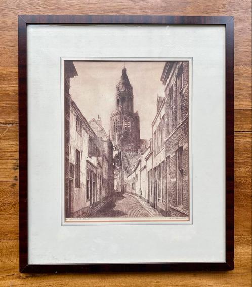 Ets Trompetsteeg Arnhem met Eusebiuskerk in lijst, Antiek en Kunst, Kunst | Etsen en Gravures, Ophalen of Verzenden