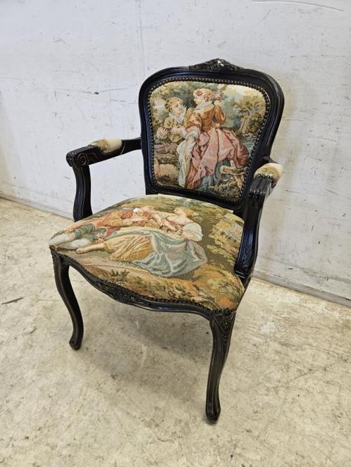 Biedemeijer stoel, zwart houten frame, geborduurde zitting, Huis en Inrichting, Stoelen, Gebruikt