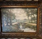 Oude Schilderij met Brug en Landschap olieverf, Ophalen of Verzenden