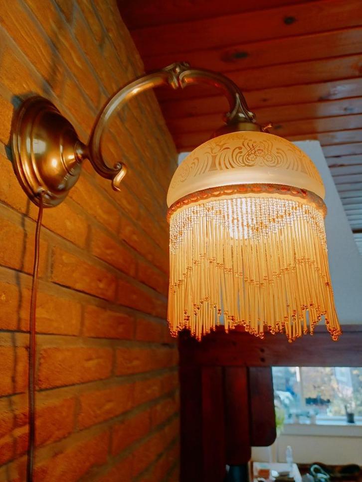 Wandlamp art deco messing glazen kap kralen, Huis en Inrichting, Lampen | Wandlampen, Gebruikt, Glas, Overige materialen, Ophalen of Verzenden