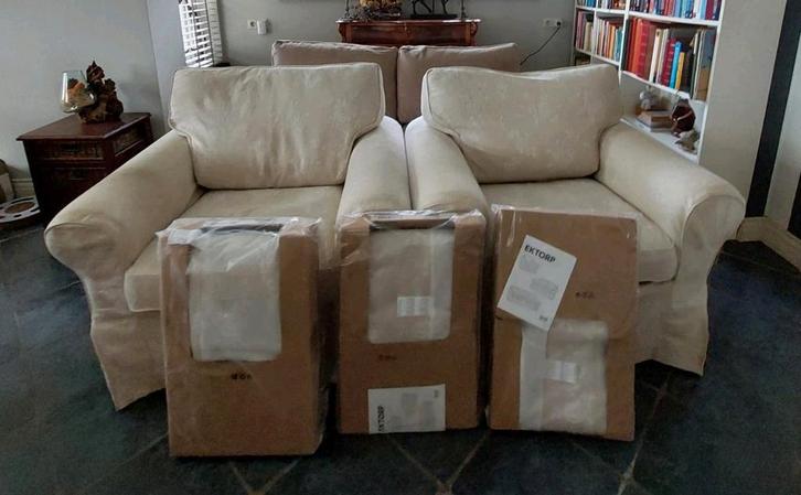 EKTORP-set: 1 tweezitsbank, 2 fauteuils + nieuwe hoezen, Huis en Inrichting, Banken | Complete zithoeken, Gebruikt, Stof, Ophalen