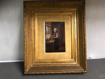 Antiek Schilderij: Vrouw met Plant beschikbaar voor biedingen