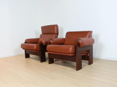 vintage set fauteuils M. Visser Spectrum SZ73, SZ74, Huis en Inrichting, Fauteuils, Gebruikt, Hout, Leer, 50 tot 75 cm, Minder dan 75 cm