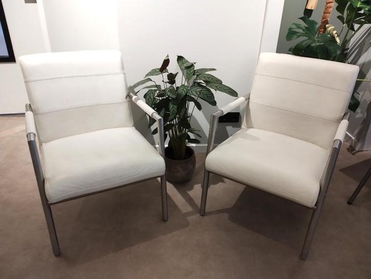 2x Fauteuil Fauteuils Stoel Stoelen Wit Leer Staal - OOK LOS, Huis en Inrichting, Fauteuils, Gebruikt, Leer, Metaal, 75 tot 100 cm