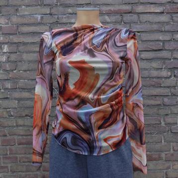 Zara Multicolor Abstract Mesh Top met Lange Mouwen Maat M beschikbaar voor biedingen