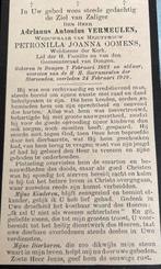 Adrianus Antonius Vermeulen Dongen 1862, Verzamelen, Bidprentjes en Rouwkaarten, Ophalen of Verzenden