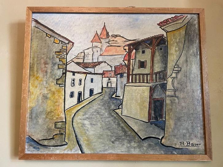 Leuk vrolijk pittoresk schilderij van Bauer uit Frankrijk, Antiek en Kunst, Antiek | Woonaccessoires, Ophalen of Verzenden