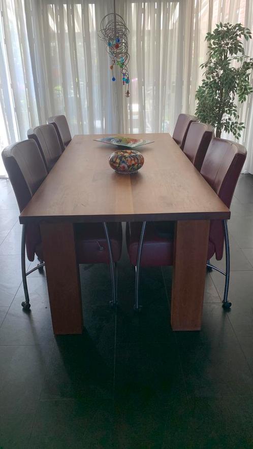 Eettafel met leren stoelen, Huis en Inrichting, Tafels | Eettafels, Gebruikt, 50 tot 100 cm, 200 cm of meer, Vijf personen of meer