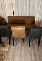 Industriële leren eetbank cognac en 3 stoelen leer, Bruin, Leer, Ophalen of Verzenden, Zo goed als nieuw