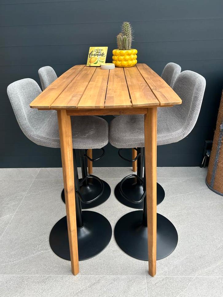Bartafel massief acaciahout met 4 verstelbare barstoelen, Huis en Inrichting, Tafels | Statafels, Gebruikt, Ophalen of Verzenden