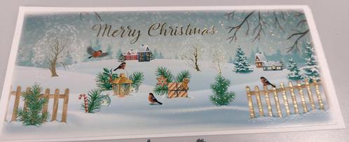 Kerstkaart - Merry Christmas sneeuwlandschap. Slimline kaart, Hobby en Vrije tijd, Kaarten | Zelfgemaakt, Zo goed als nieuw, Kerst