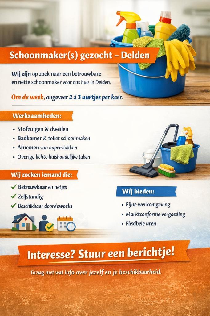 Schoonmaker gezocht Delden, Vacatures, Vacatures | Overige Vacatures, Overige niveaus, Starter, Overige vormen, Variabele uren