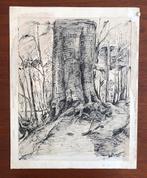 Originele oude tekening: landschap, boom, Ophalen of Verzenden