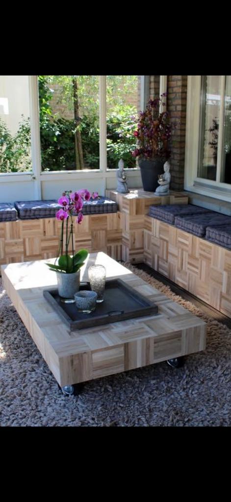 Eiken Bloktafel op Wielen - Robuust & Uniek!, Huis en Inrichting, Tafels | Salontafels, Gebruikt, Minder dan 50 cm, 50 tot 100 cm