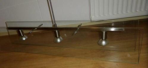 Lamp met 2 glasplaten, 3 lichtpunten RVS, Huis en Inrichting, Lampen | Hanglampen, Gebruikt, 50 tot 75 cm, Glas, Metaal, Overige materialen