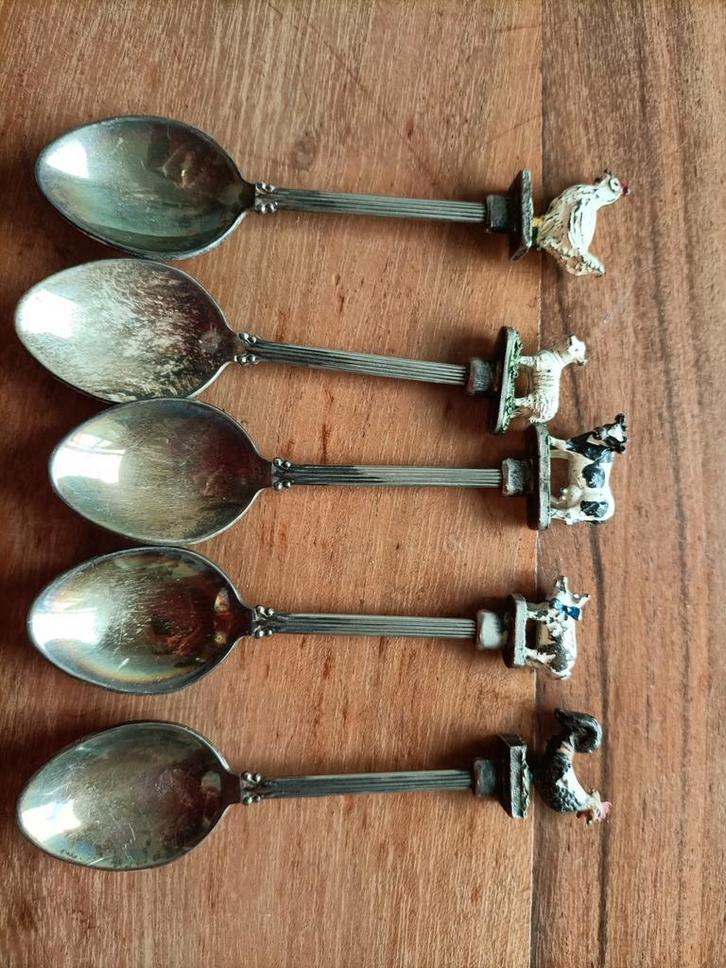 Zilver (plated)Lepeltjes met Boerderijdieren - Set van 5, Antiek en Kunst, Antiek | Bestek, Ophalen of Verzenden