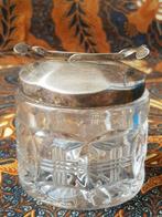 Mooie zware oude Engelse suikerpot van glas en silverplate., Antiek en Kunst, Ophalen of Verzenden