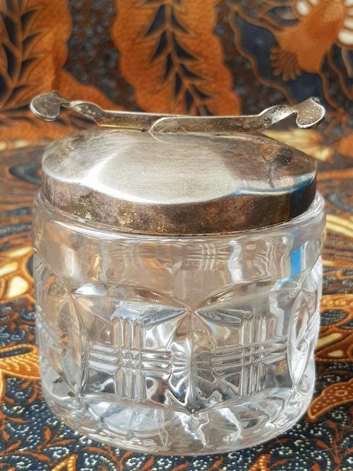 Mooie zware oude Engelse suikerpot van glas en silverplate., Antiek en Kunst, Antiek | Woonaccessoires, Ophalen of Verzenden