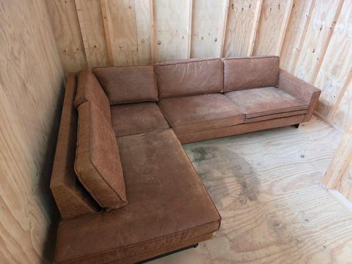 Stijlvolle Cognac Neplederen Hoekbank met Ottoman  2,85x2,10, Huis en Inrichting, Banken | Bankstellen, Gebruikt, Hoekbank, Driepersoons