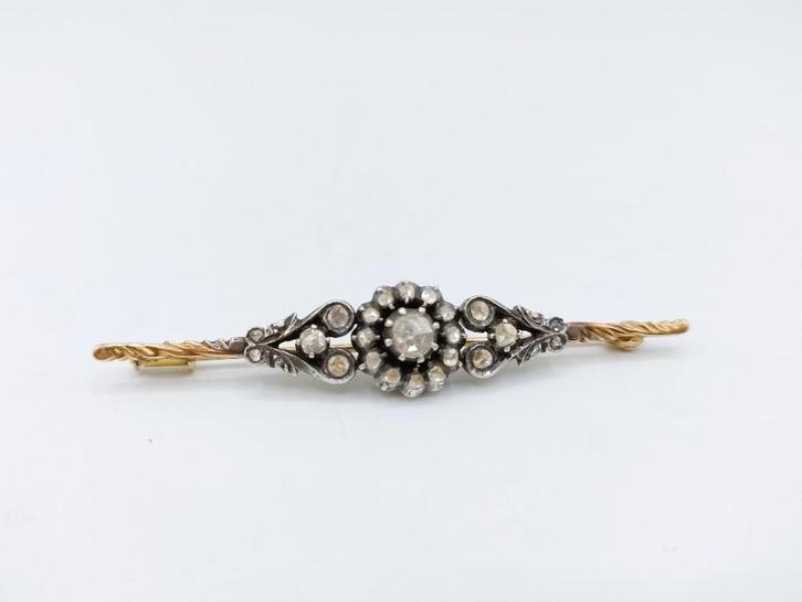 14 Karaats gouden broche bezet met 23 roosdiamanten, Sieraden, Tassen en Uiterlijk, Antieke sieraden, Broche, Goud, Met edelsteen