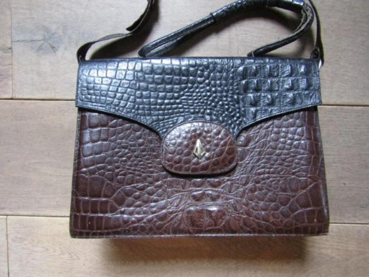 F361 Tas bruin zwart kroko leer leder, Sieraden, Tassen en Uiterlijk, Tassen | Damestassen, Zo goed als nieuw, Handtas, Bruin