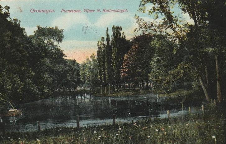 STAD GRONINGEN Plantsoen Vijver N. Buitensingel 1914 kl.f., Verzamelen, Ansichtkaarten | Nederland, Gelopen, Groningen, Voor 1920