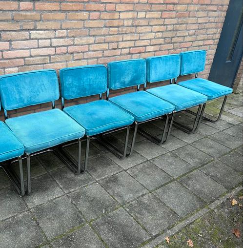 5 Ribstof Stoelen met Chome Buisframe, Huis en Inrichting, Stoelen, Gebruikt, Vijf, Zes of meer stoelen, Metaal, Stof, Blauw, Ophalen
