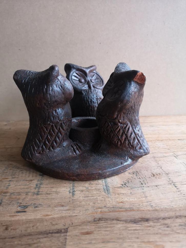 Vintage kandelaar met drie uiltjes, Huis en Inrichting, Woonaccessoires | Kandelaars en Kaarsen, Zo goed als nieuw, Kandelaar