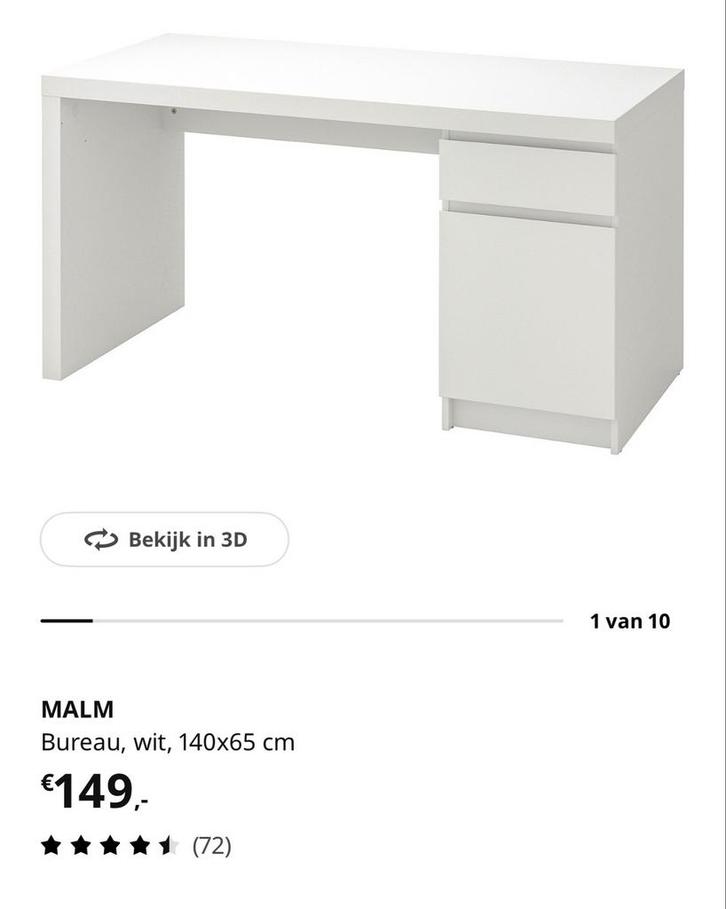 Ikea Malm Bureau - Wit, Huis en Inrichting, Bureaus, Zo goed als nieuw, Bureau, Ophalen