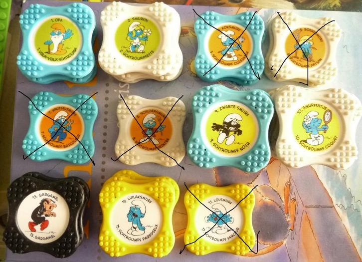 16 SKATTERS SMURFEN VERSCHILLEND 6 ST,PUZZEL BP SMURFENDORP, Verzamelen, Smurfen, Gebruikt, Overige typen, Verschillende Smurfen