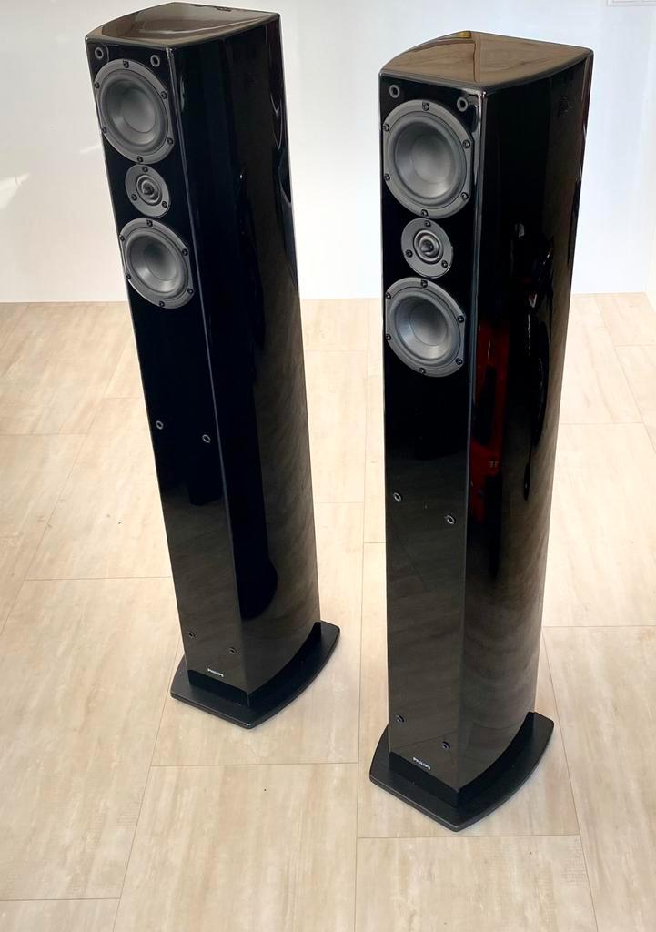 Philips Vifa Peerless pianolak  zwart speakers zuilluidsprek, Audio, Tv en Foto, Luidsprekers, Front, Rear of Stereo speakers