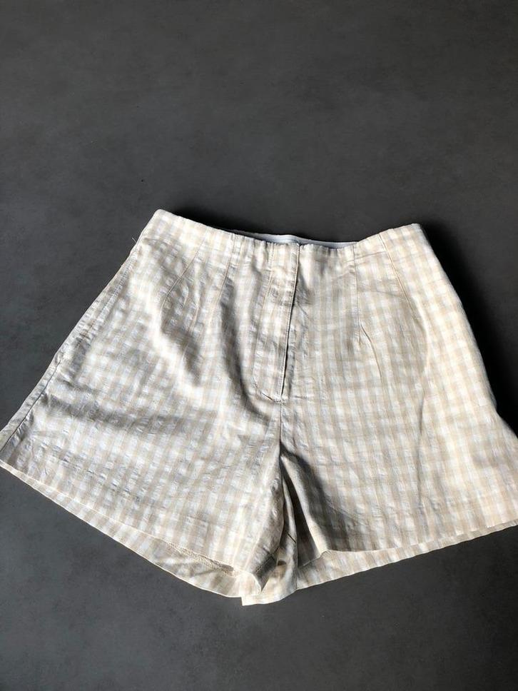 Nieuwe ecru/wit geblokte high-waist H&M Bermuda, mt 42 = 38, Kleding | Dames, Broeken en Pantalons, Nieuw, Maat 38/40 (M), Beige
