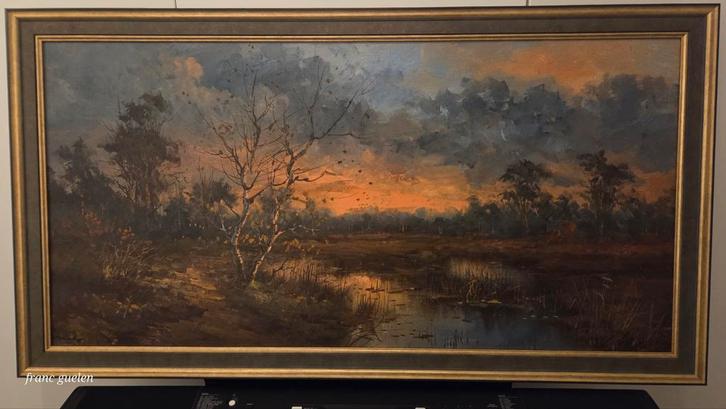 Schilderij: Landschap bij Zonsondergang, Antiek en Kunst, Kunst | Schilderijen | Klassiek, Ophalen of Verzenden