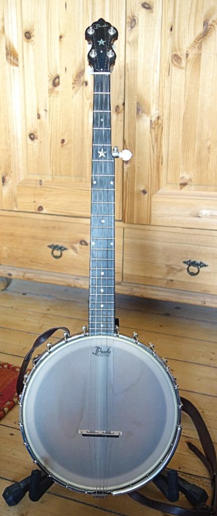 Prucha 5-string open back banjo Linkshandig met koffer., Muziek en Instrumenten, Snaarinstrumenten | Banjo's, Gebruikt, 5-snarige of Bluegrassbanjo