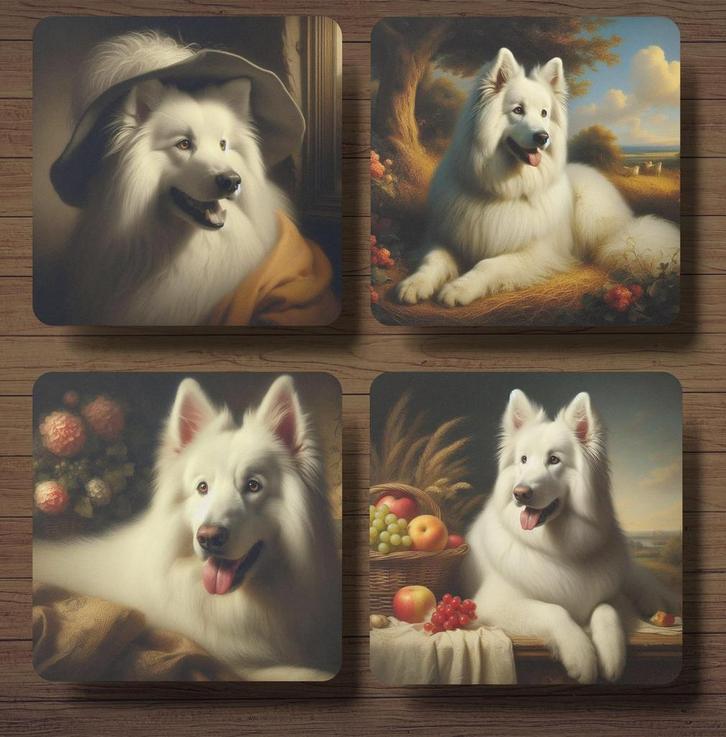 Zwitserse Witte Herder Rembrandt onderzetters met houder, Huis en Inrichting, Woonaccessoires | Onderzetters, Nieuw, Glas of Kopje