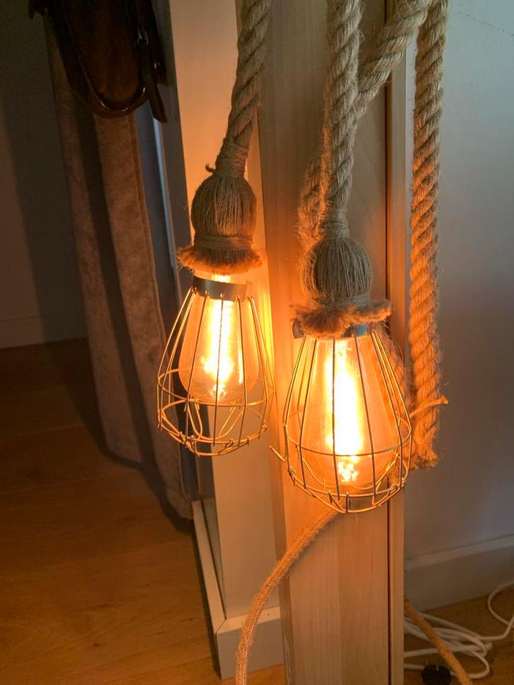 Industriele Hanglampenen met Touw, Huis en Inrichting, Lampen | Hanglampen, Gebruikt, Minder dan 50 cm, Hout, Ophalen