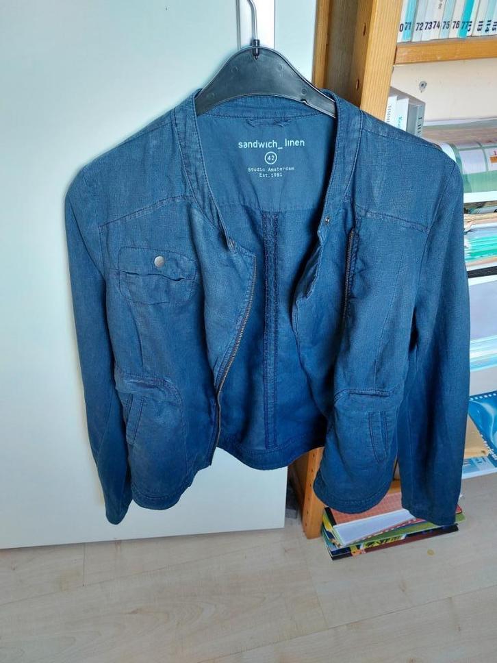 Sandwich jasje van linnen maat 42, Kleding | Dames, Jasjes, Kostuums en Pakken, Zo goed als nieuw, Jasje, Maat 42/44 (L), Blauw