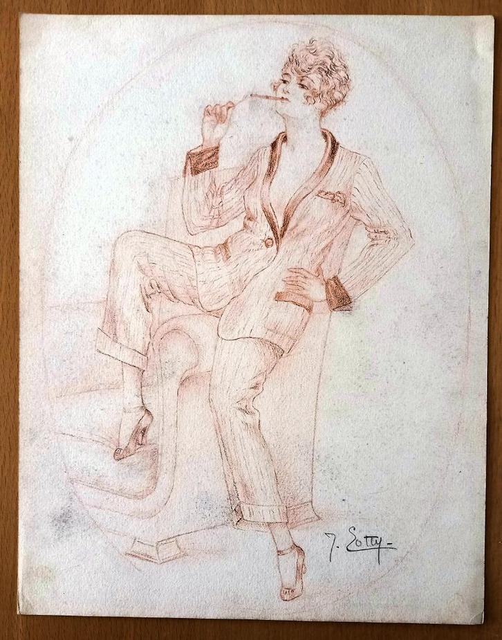 A493-81 Oude tekening vrouw in pyjama op leuning stoel, Antiek en Kunst, Kunst | Tekeningen en Foto's, Ophalen of Verzenden