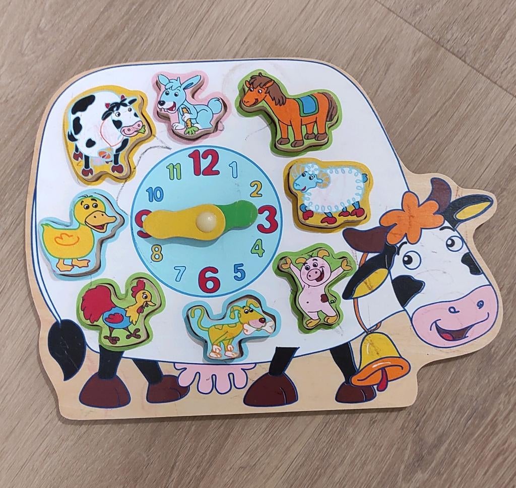 Houten puzzel boerderij dieren met klok en wijzers, Ophalen of Verzenden, Gebruikt, Puzzelen