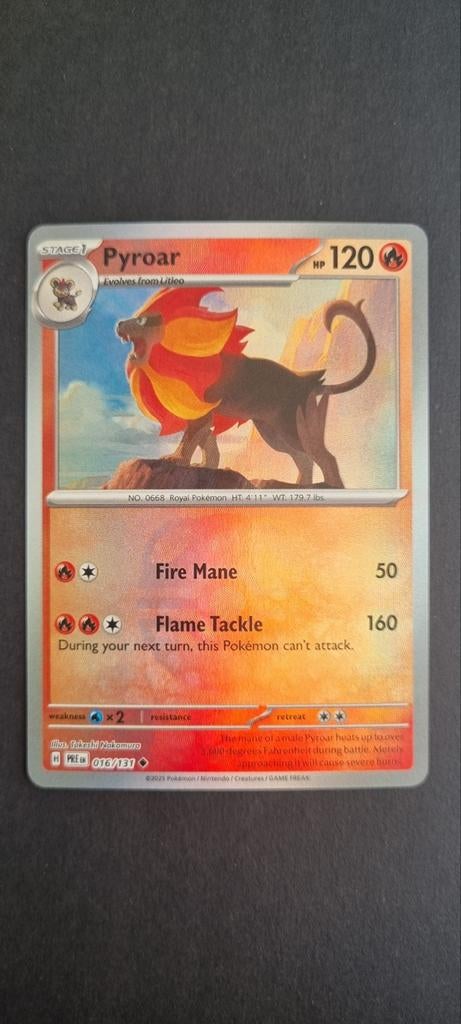Pyroar 016/131 Masterball Prismatic Evolutions Pokémon Kaart, Ophalen of Verzenden, Zo goed als nieuw, Losse kaart, Foil