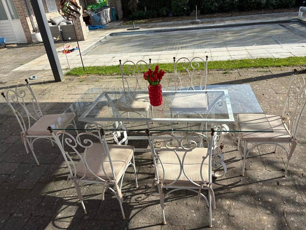 Smeedijzer Tuinset: Glazen Tafel met 6 Stoelen, Ophalen, Overige materialen, Gebruikt, Eettafel